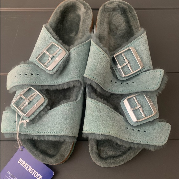 Birkenstock Arizona Suede Leather Beryl Teal Shearling Lined Sandals NWT - Picture 2 of 9